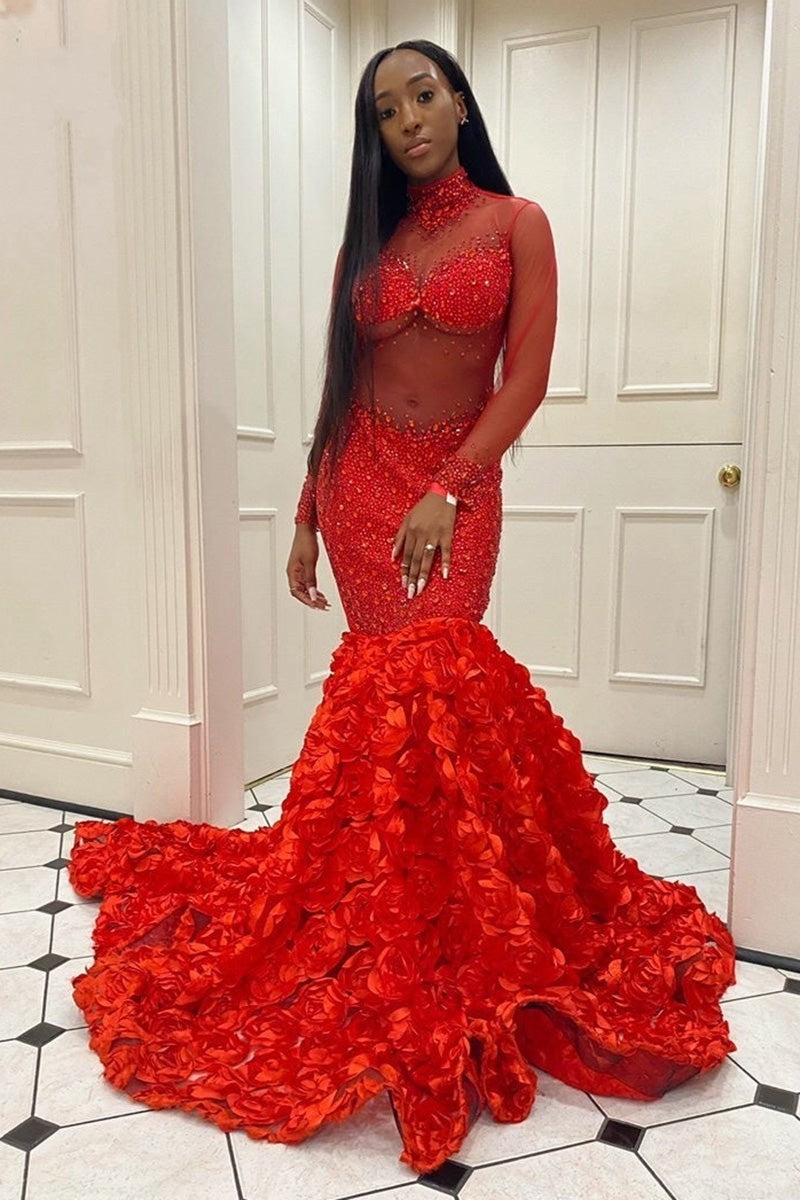 Chic High Neck Mermaid Prom Dress with Flowers & Beads-BallBride