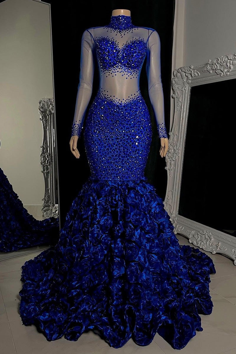 Chic High Neck Mermaid Prom Dress with Flowers & Beads-BallBride