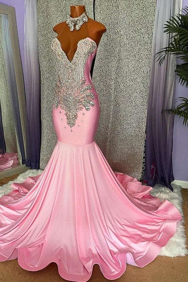 Chic High-Neck Pink Mermaid Prom Dress with Beading-BallBride
