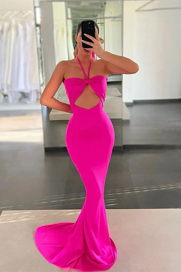 Chic Hot Pink Halter Mermaid Evening Dress Sleeveless-BallBride