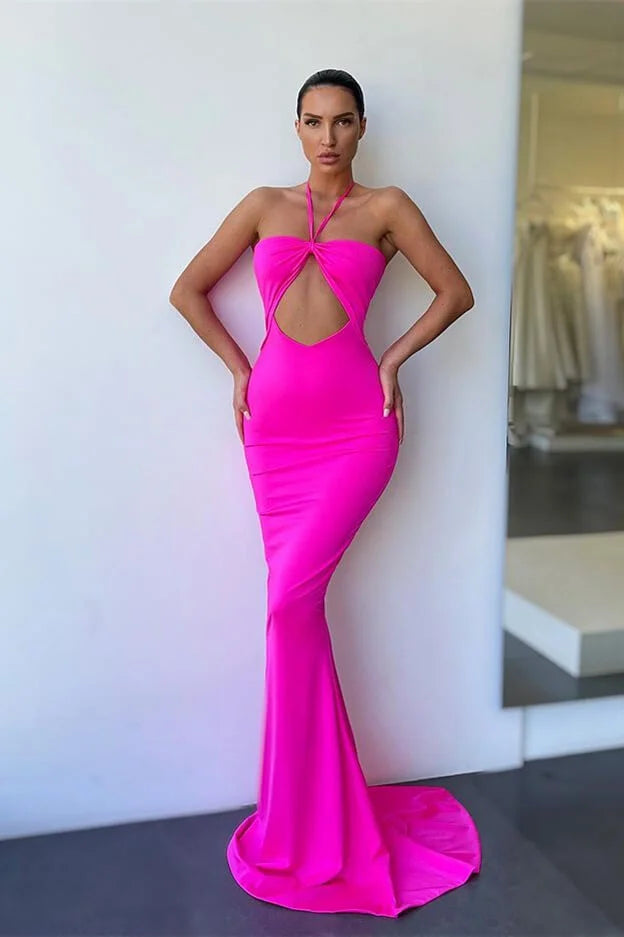 Chic Hot Pink Halter Mermaid Evening Dress Sleeveless-BallBride