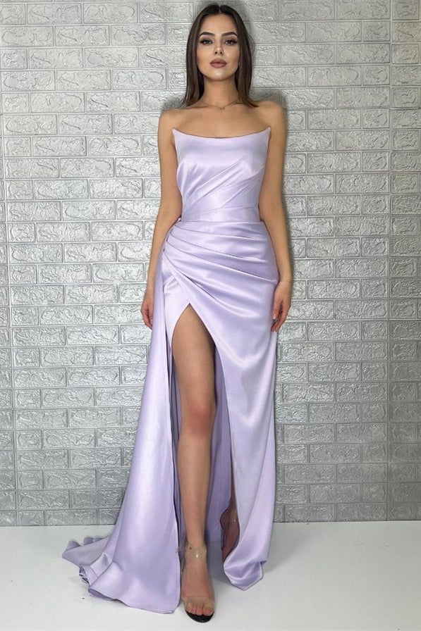 Chic Lilac Strapless Mermaid Evening Dress with Pleats & Long Split Ruffle-BallBride