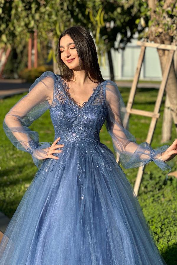 Chic Long A-line V-neck Tulle Backless Prom Dresses with Sleeves-BallBride