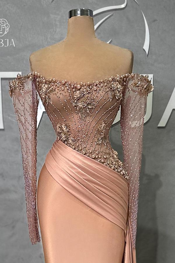 Chic Long Mermaid Off the Shoulder Satin Beadings Formal Prom Dress with Sleeves-BallBride