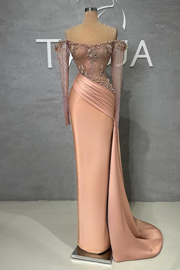 Chic Long Mermaid Off the Shoulder Satin Beadings Formal Prom Dress with Sleeves-BallBride