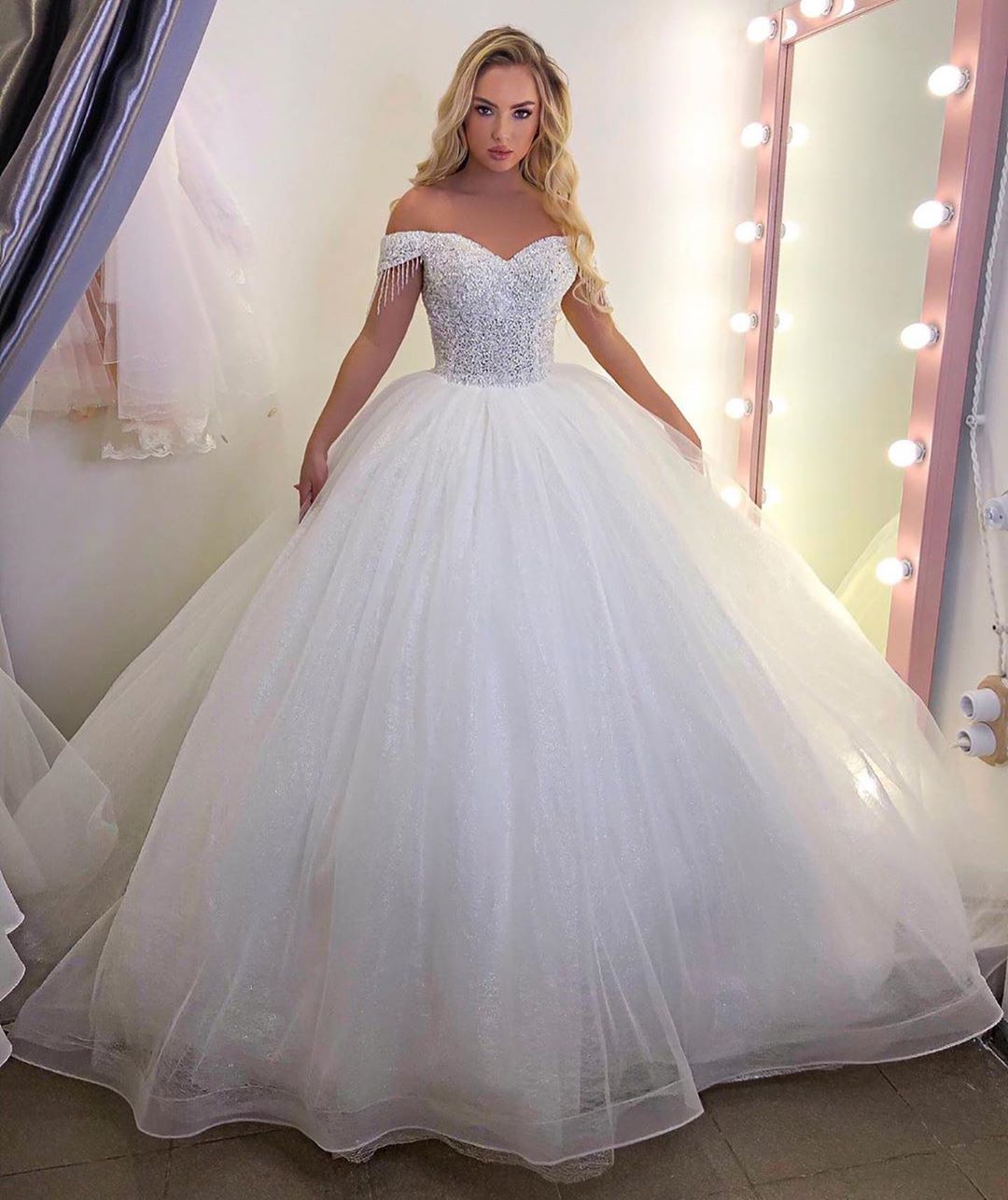 Chic Long Off-the-Shoulder Wedding Dress On Sale-BallBride