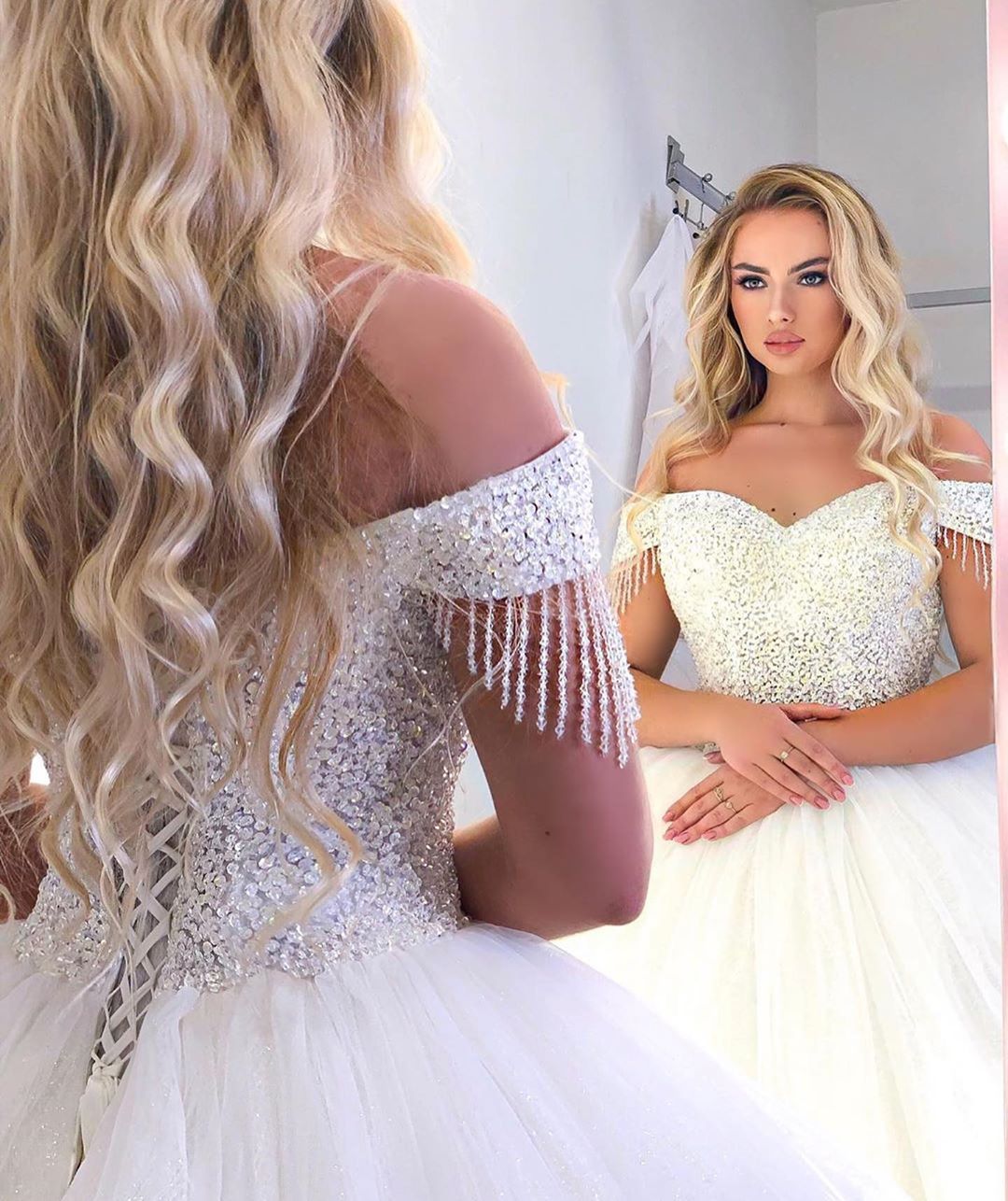 Chic Long Off-the-Shoulder Wedding Dress On Sale-BallBride