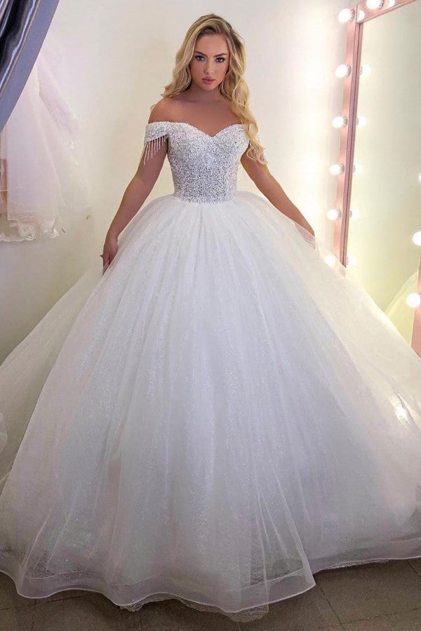 Chic Long Off-the-Shoulder Wedding Dress On Sale-BallBride