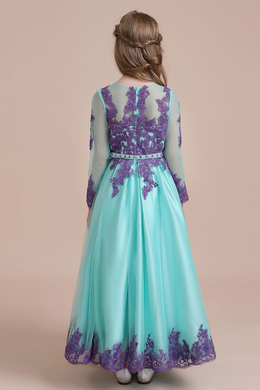 Chic Long Sleeve Jewel A-line Flower Girl Dress with Tulle Appliques-BallBride