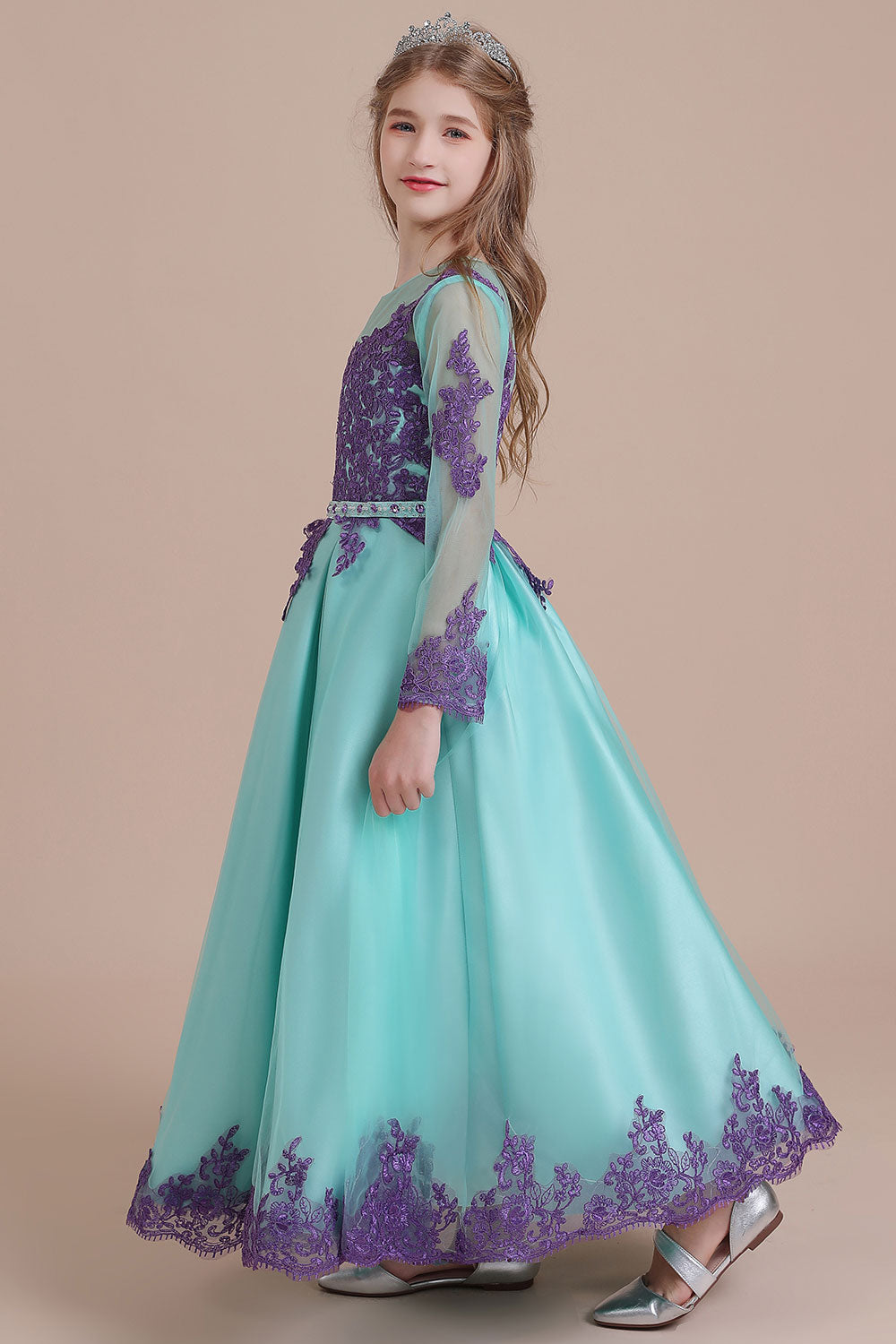 Chic Long Sleeve Jewel A-line Flower Girl Dress with Tulle Appliques-BallBride