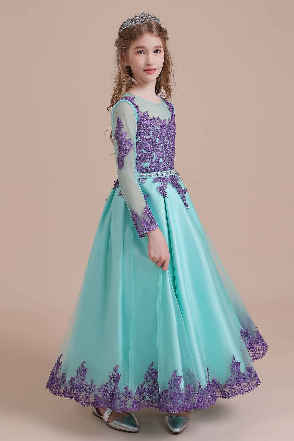 Chic Long Sleeve Jewel A-line Flower Girl Dress with Tulle Appliques-BallBride
