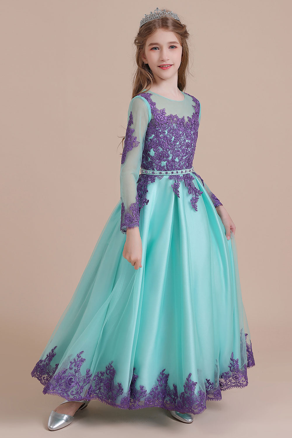 Chic Long Sleeve Jewel A-line Flower Girl Dress with Tulle Appliques-BallBride