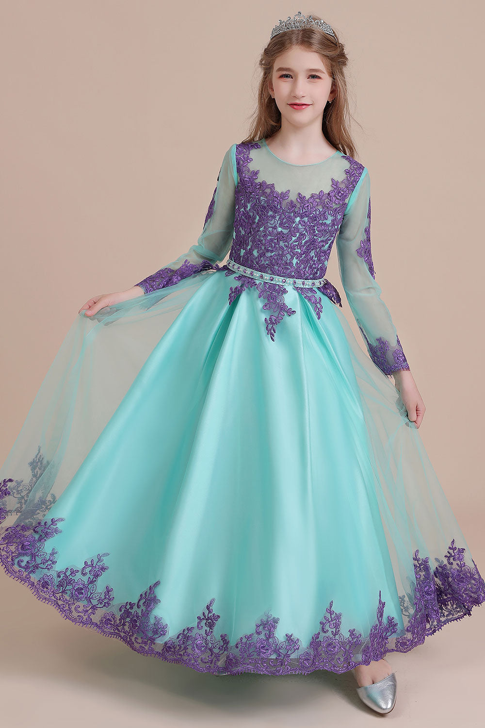 Chic Long Sleeve Jewel A-line Flower Girl Dress with Tulle Appliques-BallBride