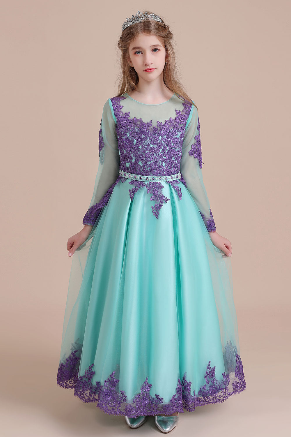 Chic Long Sleeve Jewel A-line Flower Girl Dress with Tulle Appliques-BallBride