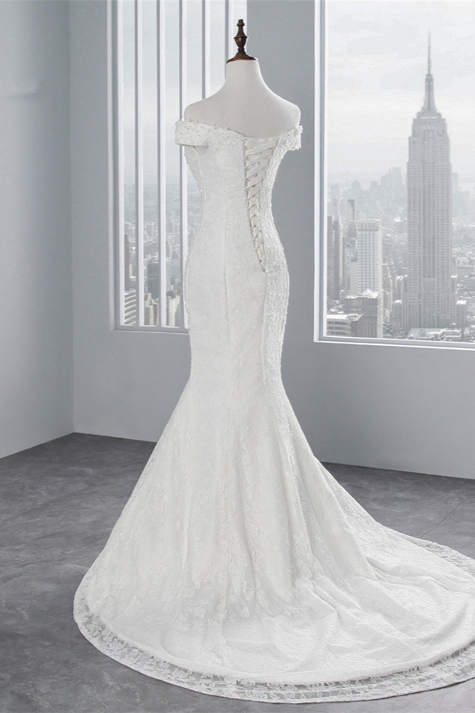 Chic Off-the-Shoulder Long Mermaid Wedding Dress with Lace-BallBride
