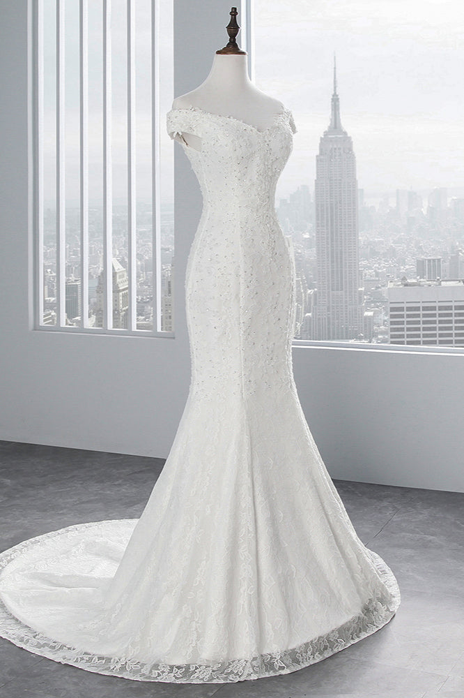 Chic Off-the-Shoulder Long Mermaid Wedding Dress with Lace-BallBride