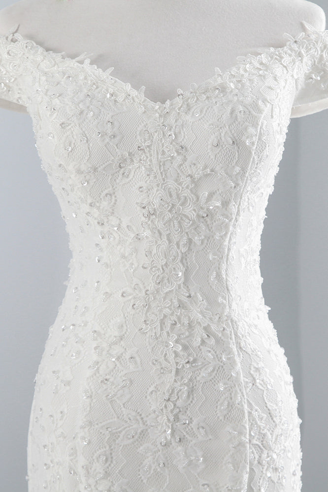 Chic Off-the-Shoulder Long Mermaid Wedding Dress with Lace-BallBride