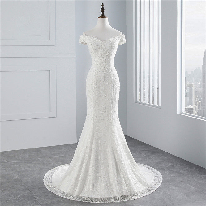 Chic Off-the-Shoulder Long Mermaid Wedding Dress with Lace-BallBride