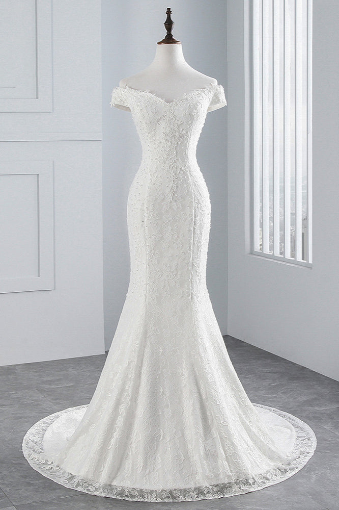 Chic Off-the-Shoulder Long Mermaid Wedding Dress with Lace-BallBride