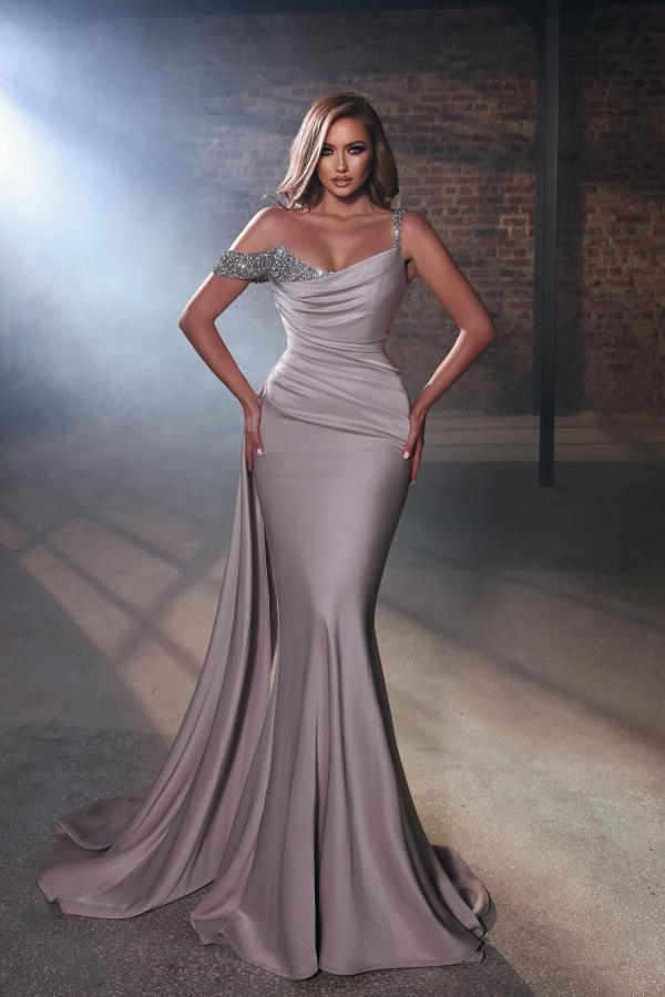 Chic Off-the-Shoulder Mermaid Prom Dress with Long Ruffle and Beads-BallBride