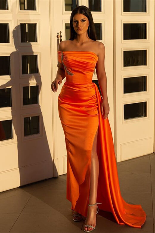 Chic Off-the-Shoulder Orange Evening Dress with Mermaid Slit and Ruffle-BallBride