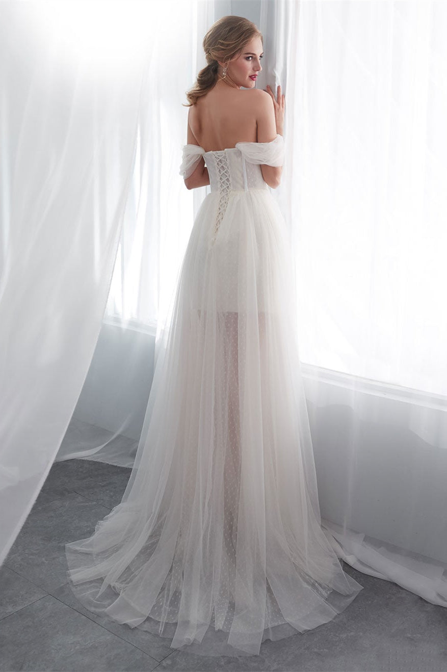 Chic Off-the-Shoulder Tulle Wedding Dress Long-BallBride