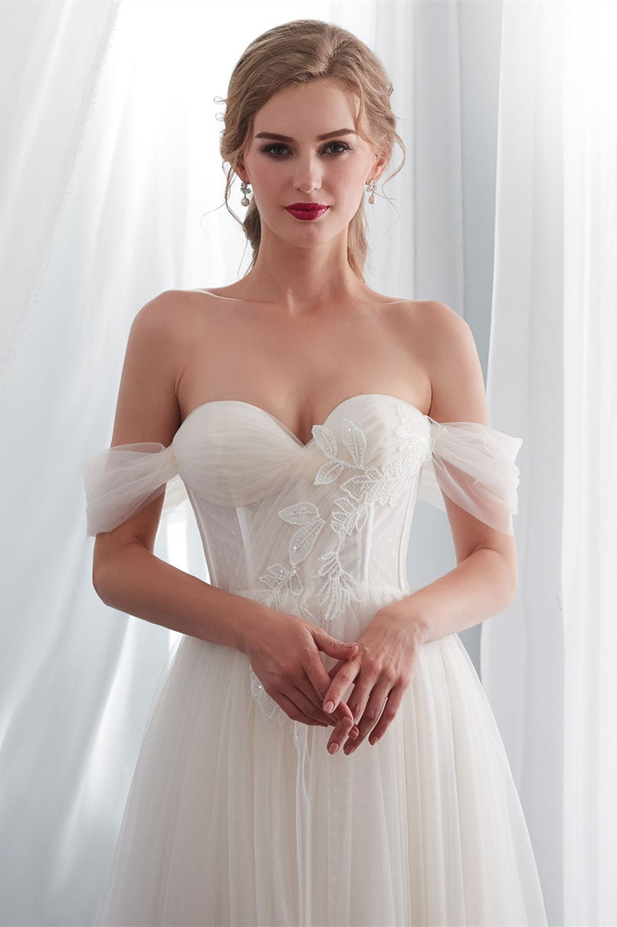 Chic Off-the-Shoulder Tulle Wedding Dress Long-BallBride