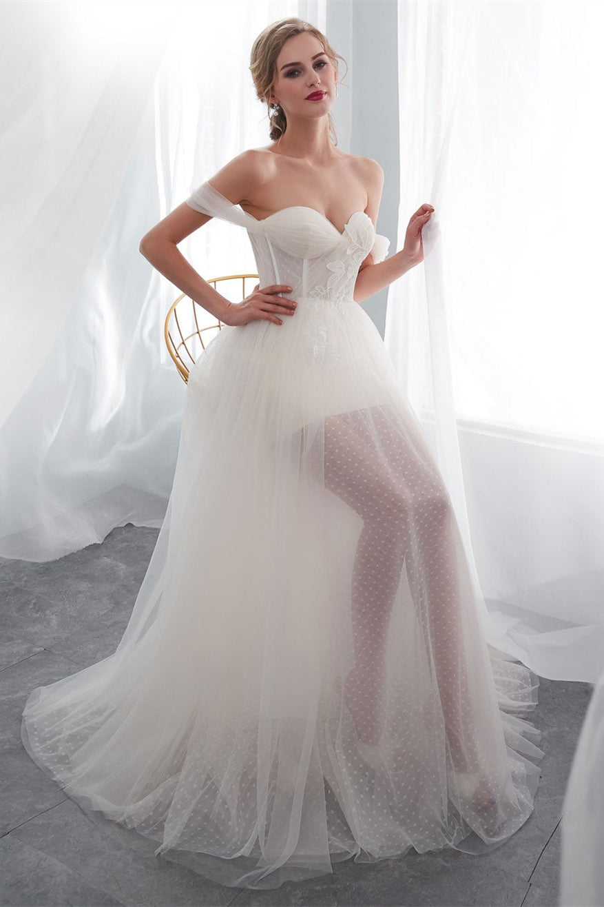 Chic Off-the-Shoulder Tulle Wedding Dress Long-BallBride