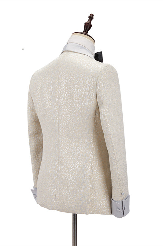 Chic Off White Shawl Lapel Slim Fit Jacquard Wedding Suit For Men-BallBride