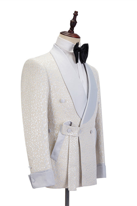 Chic Off White Shawl Lapel Slim Fit Jacquard Wedding Suit For Men-BallBride