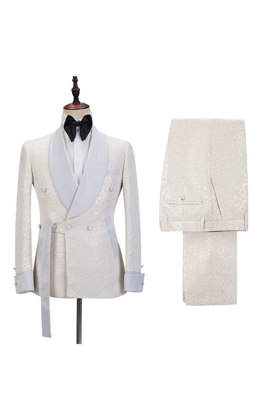Chic Off White Shawl Lapel Slim Fit Jacquard Wedding Suit For Men-BallBride