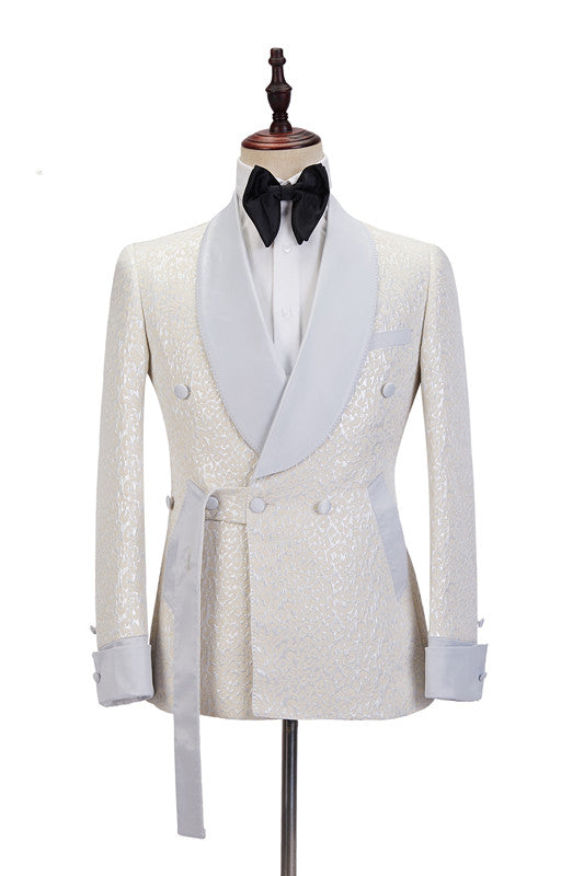 Chic Off White Shawl Lapel Slim Fit Jacquard Wedding Suit For Men-BallBride