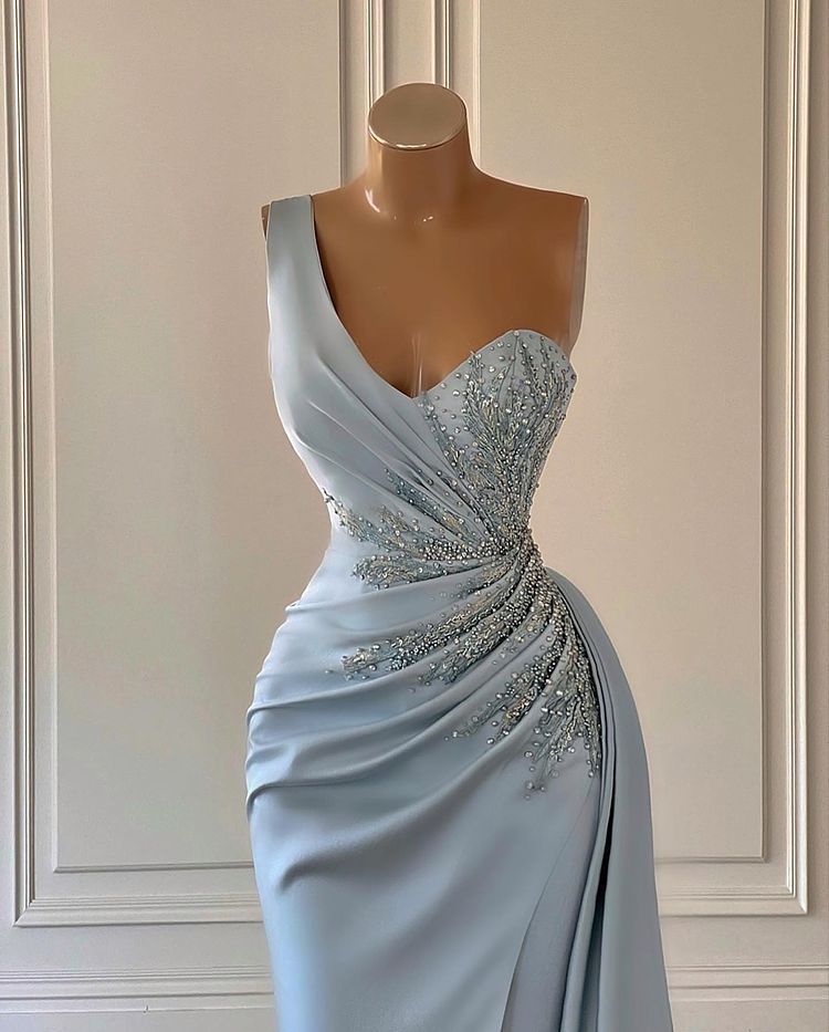 Chic One Shoulder Evening Dress - Mermaid Split With Beads-BallBride