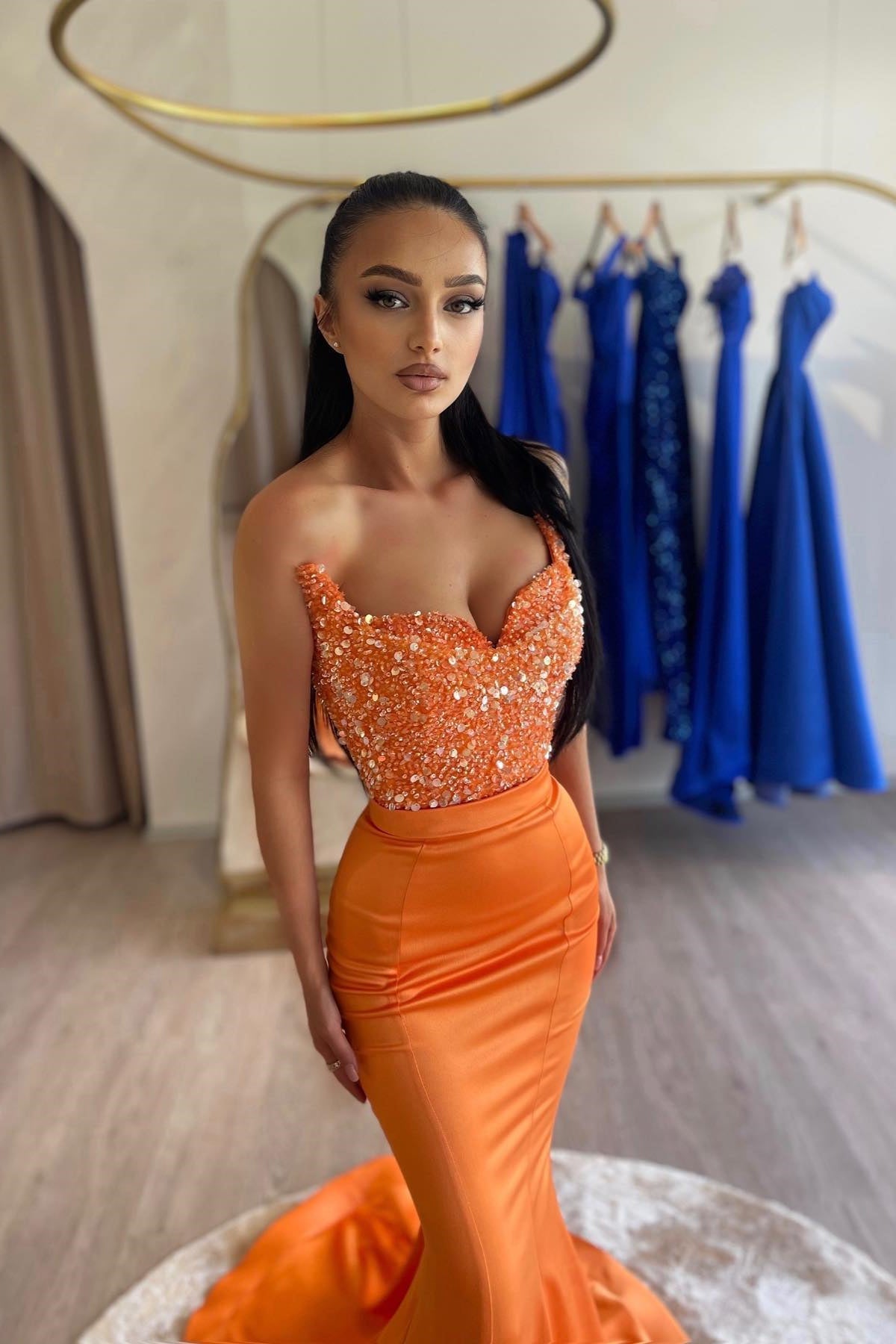 Chic Orange Sweetheart Sleeveless Mermaid Prom Dress with Sequins-BallBride