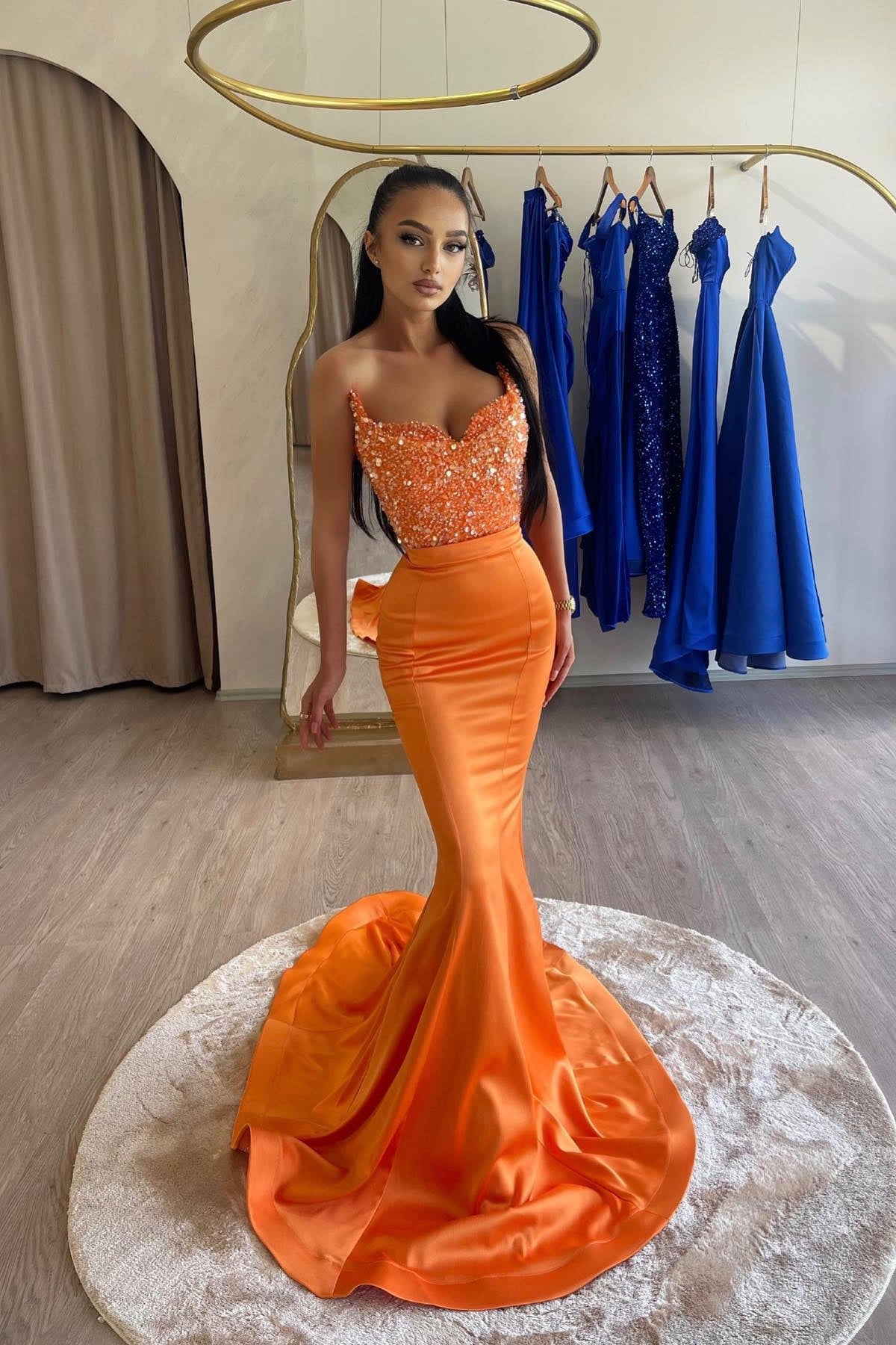 Chic Orange Sweetheart Sleeveless Mermaid Prom Dress with Sequins-BallBride