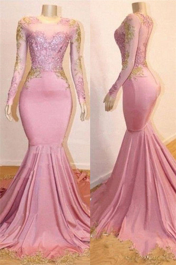 Chic Pink Appliques Long Sleeves Mermaid Sweep Train Prom Dress-BallBride