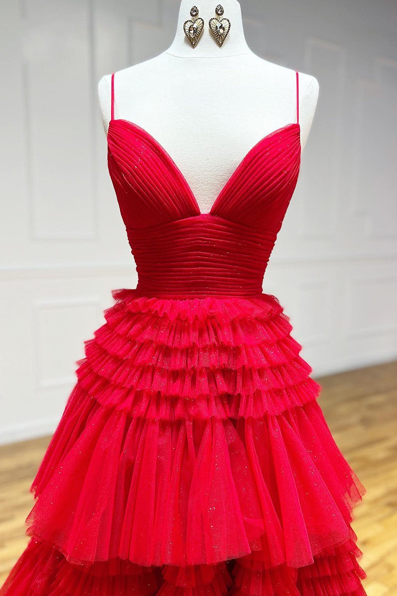 Chic Red Sleeveless Prom Dresses with Spaghetti-Straps and Tulle Layered Design-BallBride