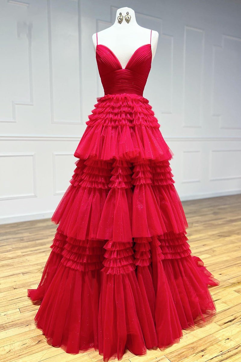 Chic Red Sleeveless Prom Dresses with Spaghetti-Straps and Tulle Layered Design-BallBride