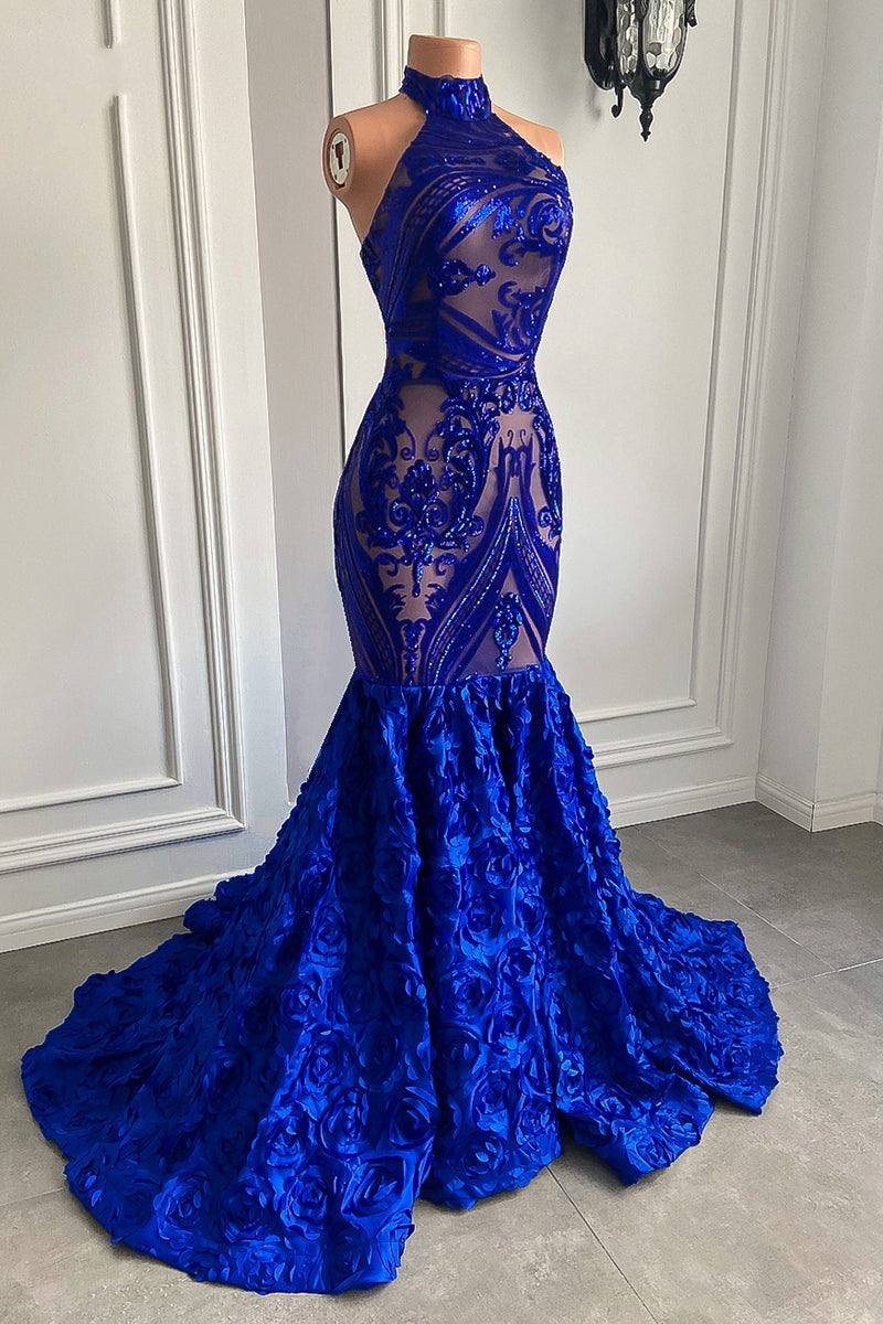 Chic Royal Blue Sequins Prom Dresses Mermaid With Flowers Bottom-BallBride