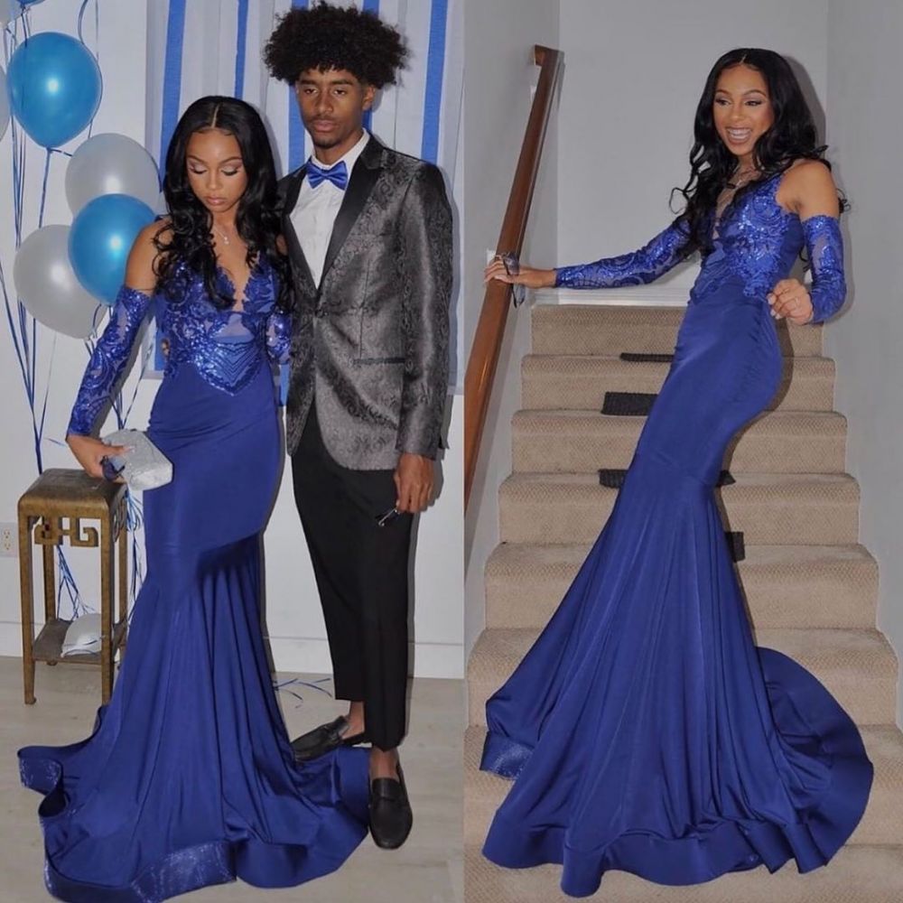 Chic Royal Blue V-Neck Mermaid Prom Dress with Gloves-BallBride