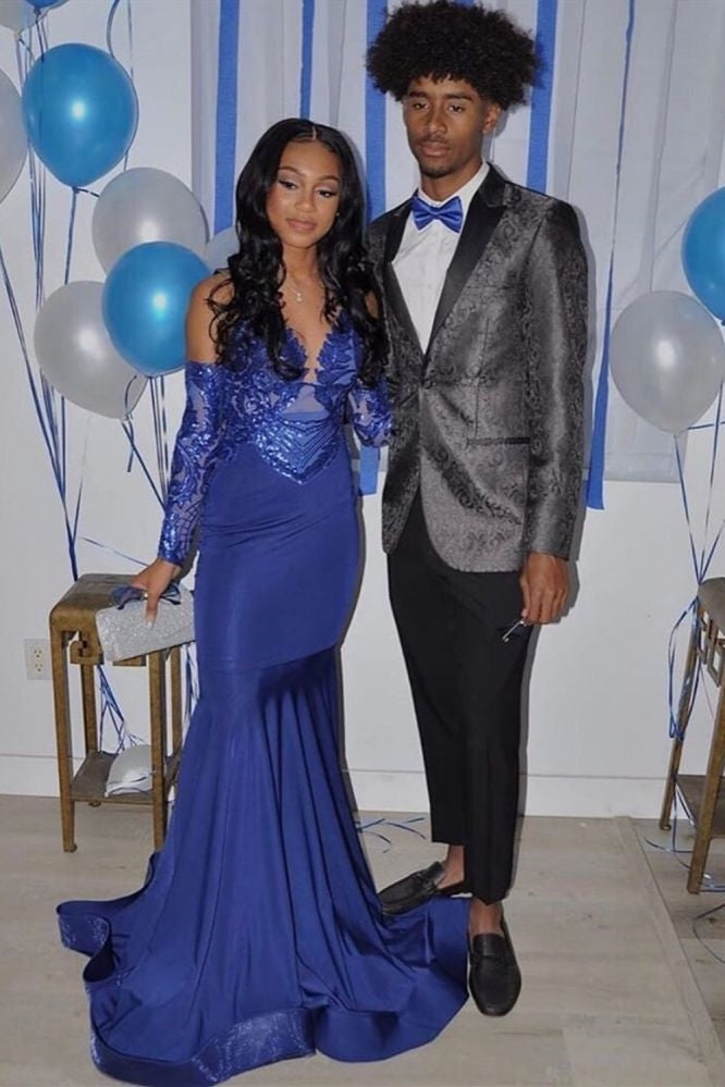 Chic Royal Blue V-Neck Mermaid Prom Dress with Gloves-BallBride