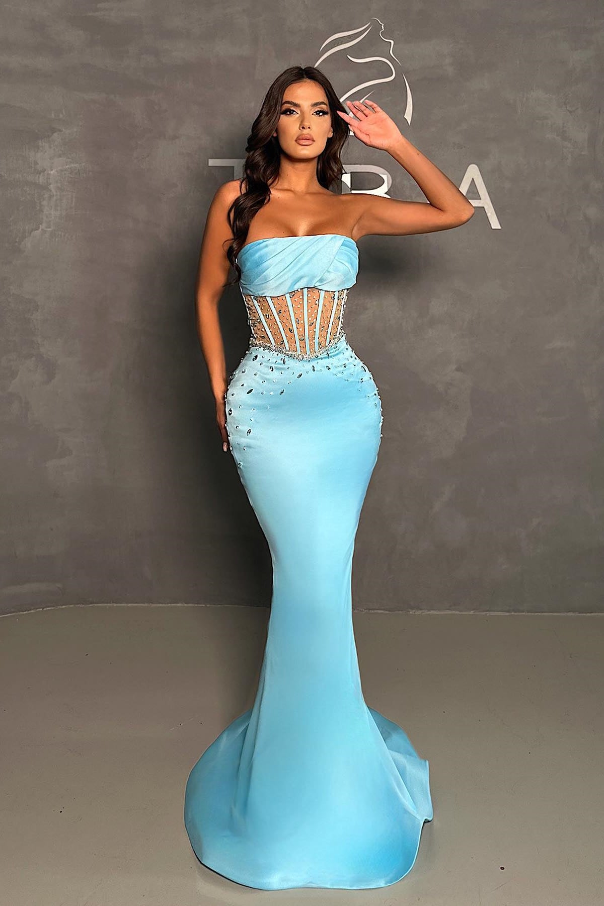 Chic Strapless Satin Long Beaded Light Blue Mermaid Prom Dress-BallBride