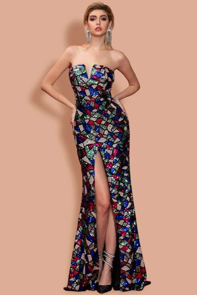 Chic Strapless Sequin Multi Color Mermaid Evening Party Dress-BallBride