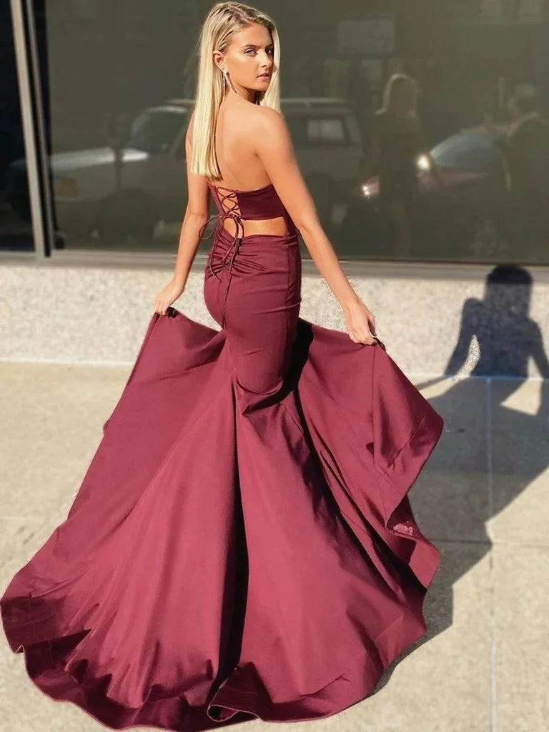 Chic Sweetheart Burgundy Mermaid Evening Dress With Slit Lace-up-BallBride