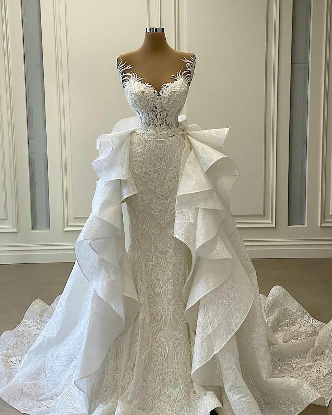 Chic Sweetheart Lace Appliques Mermaid Wedding Dress With Detachable Skirt-BallBride