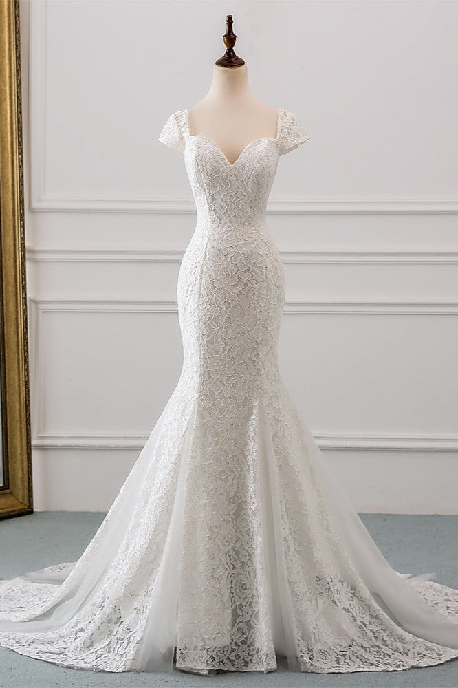 Chic Sweetheart Lace Mermaid Wedding Dress with Cap Sleeves-BallBride
