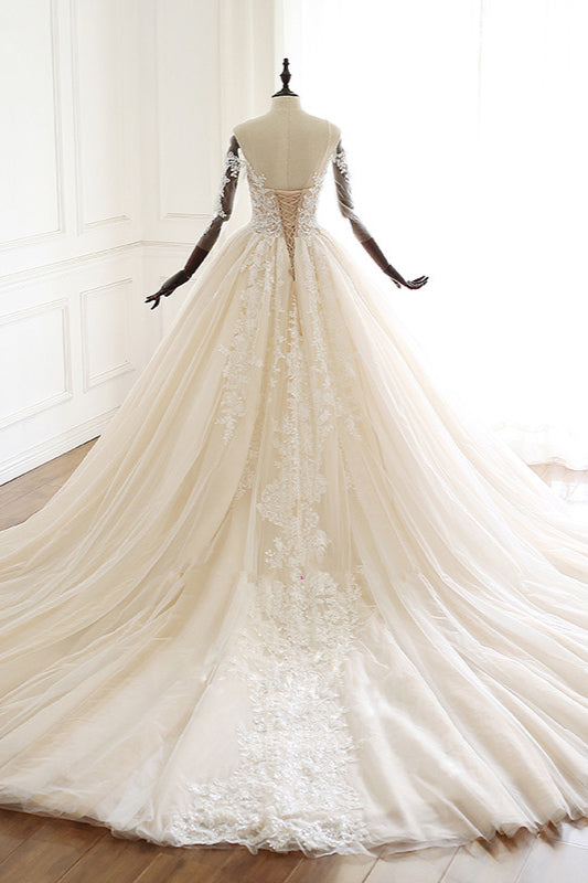 Chic Sweetheart Long Wedding Dress with Tulle Lace Sleeves-BallBride
