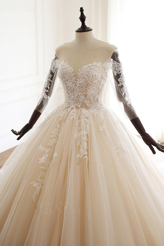 Chic Sweetheart Long Wedding Dress with Tulle Lace Sleeves-BallBride