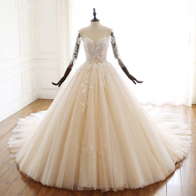 Chic Sweetheart Long Wedding Dress with Tulle Lace Sleeves-BallBride