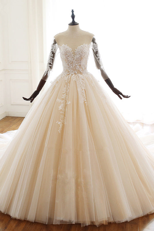 Chic Sweetheart Long Wedding Dress with Tulle Lace Sleeves-BallBride